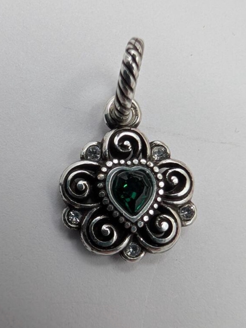 💎💚MAY Brighton Emerald RARE SWAROVSKI CRYSTAL Silver Floral Heart Pendant/charm!